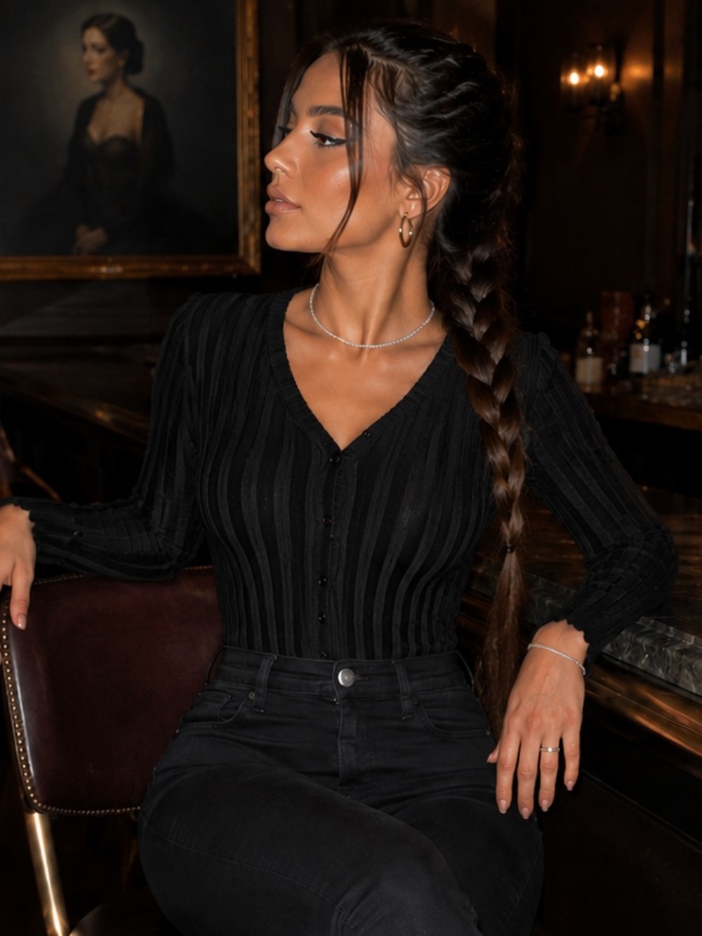 Polly & Esther Black Ribbed V-Neck Knit Top
